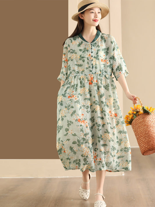 Women Summer Flower Stand Collar Ramie Dress