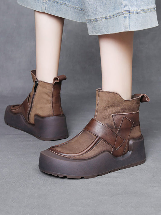 Women Vintage Genuine Leather Spliced Platform Boots