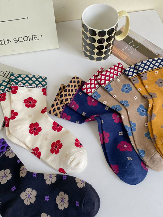 5 Pairs Women Artsy Flower Colorblock Socks