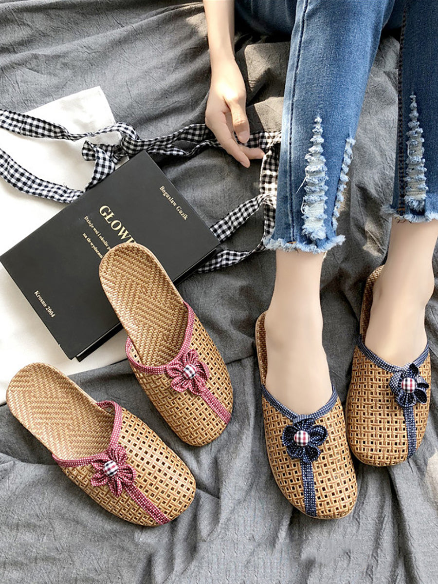 Couple Summer Straw Weave Flower Indoor Flat Slippers