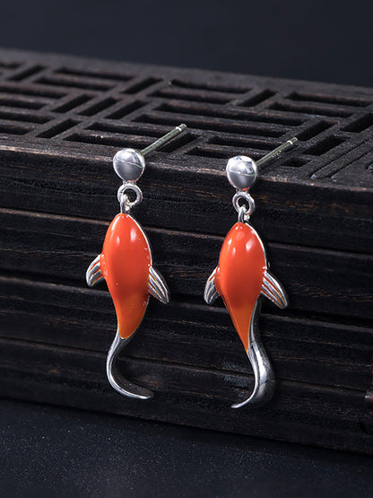 Women Casual Red Koi Sliver Pandent Earrings