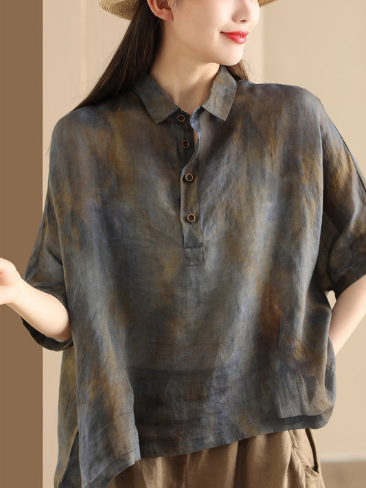 Women Summer Vintage Tie-dye POLO Ramie Shirt