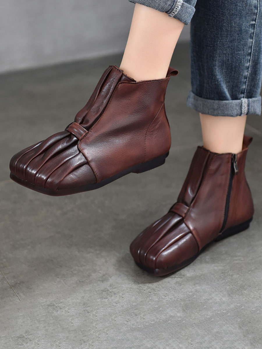 Women Soft Leather Shirred Square Toe Ankle Boots