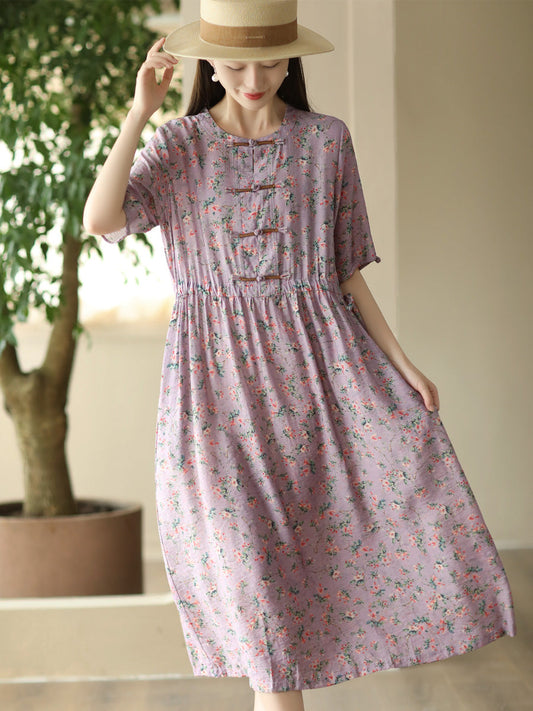 Women Summer Artsy Floral Button O-Neck Dress