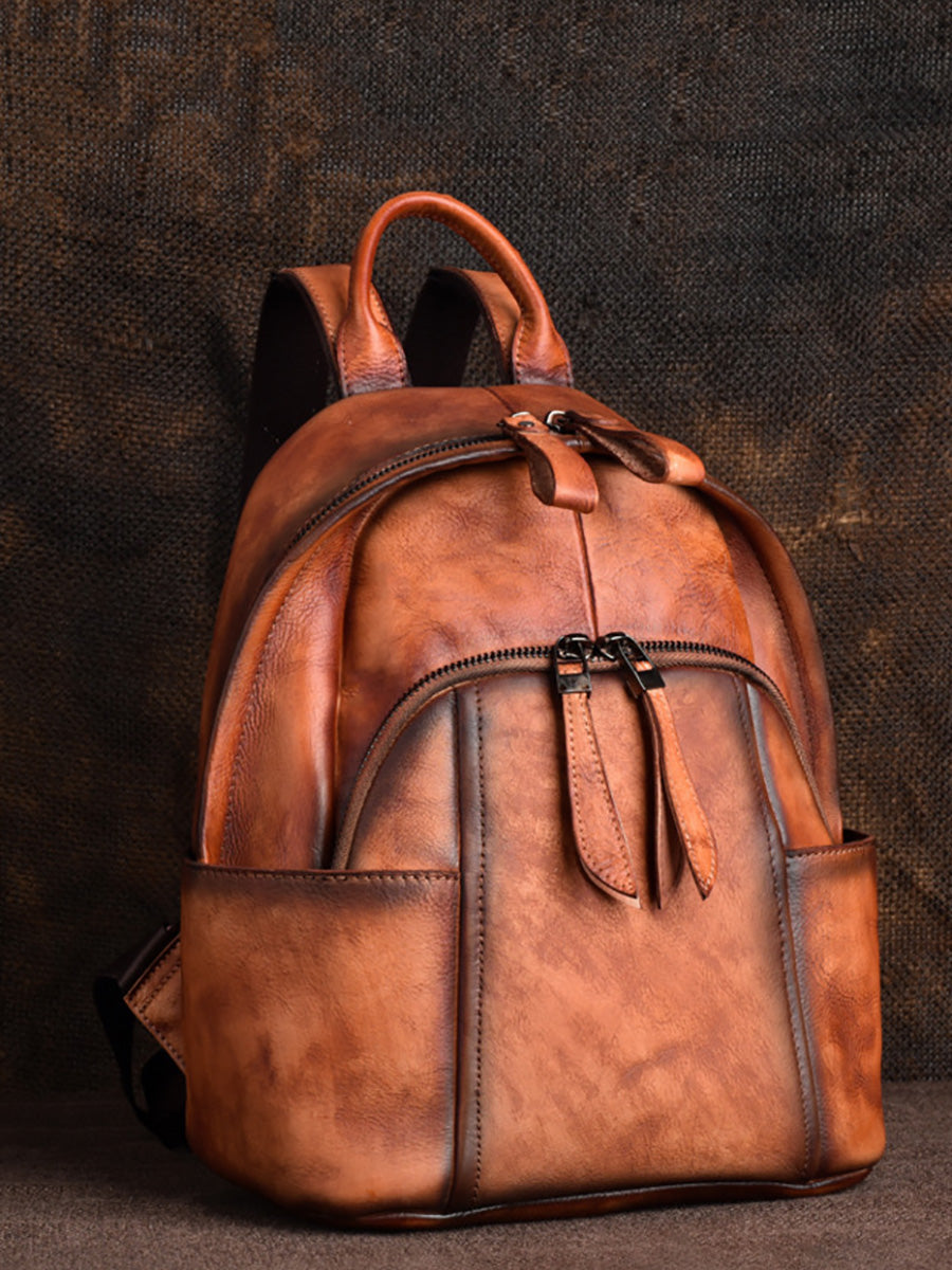 Women Retro Leather Zipper Large Capacity Backpack