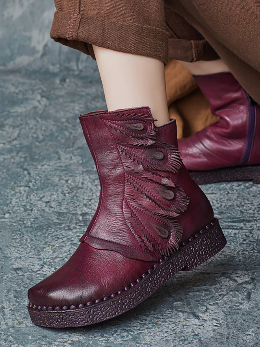 Women Vintage Leather Feather Shape Spliced Ankle Boots