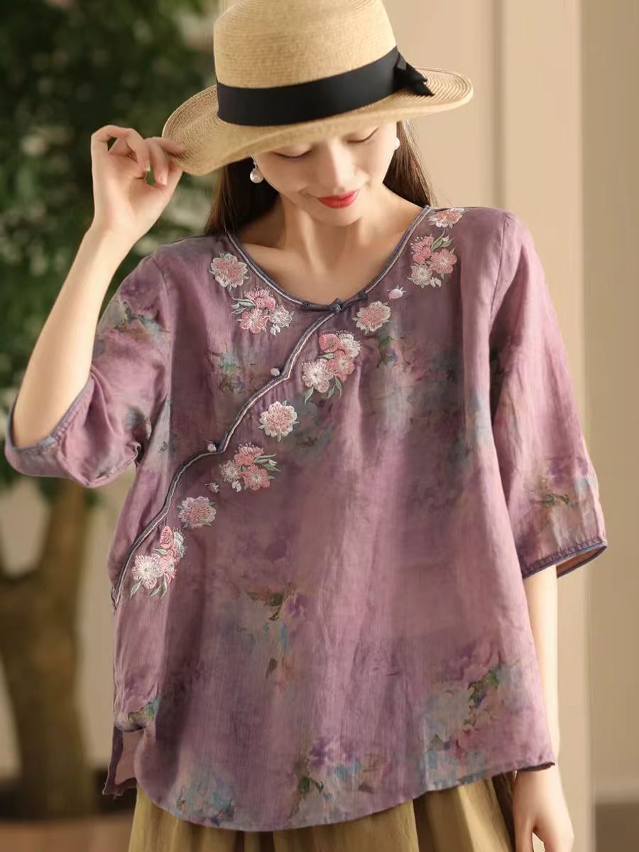 Women Summer Artsy Flower Embroidery O-Neck Shirt