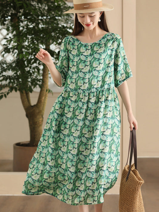 Women Summer Artsy Flower Print Strap Loose Dress