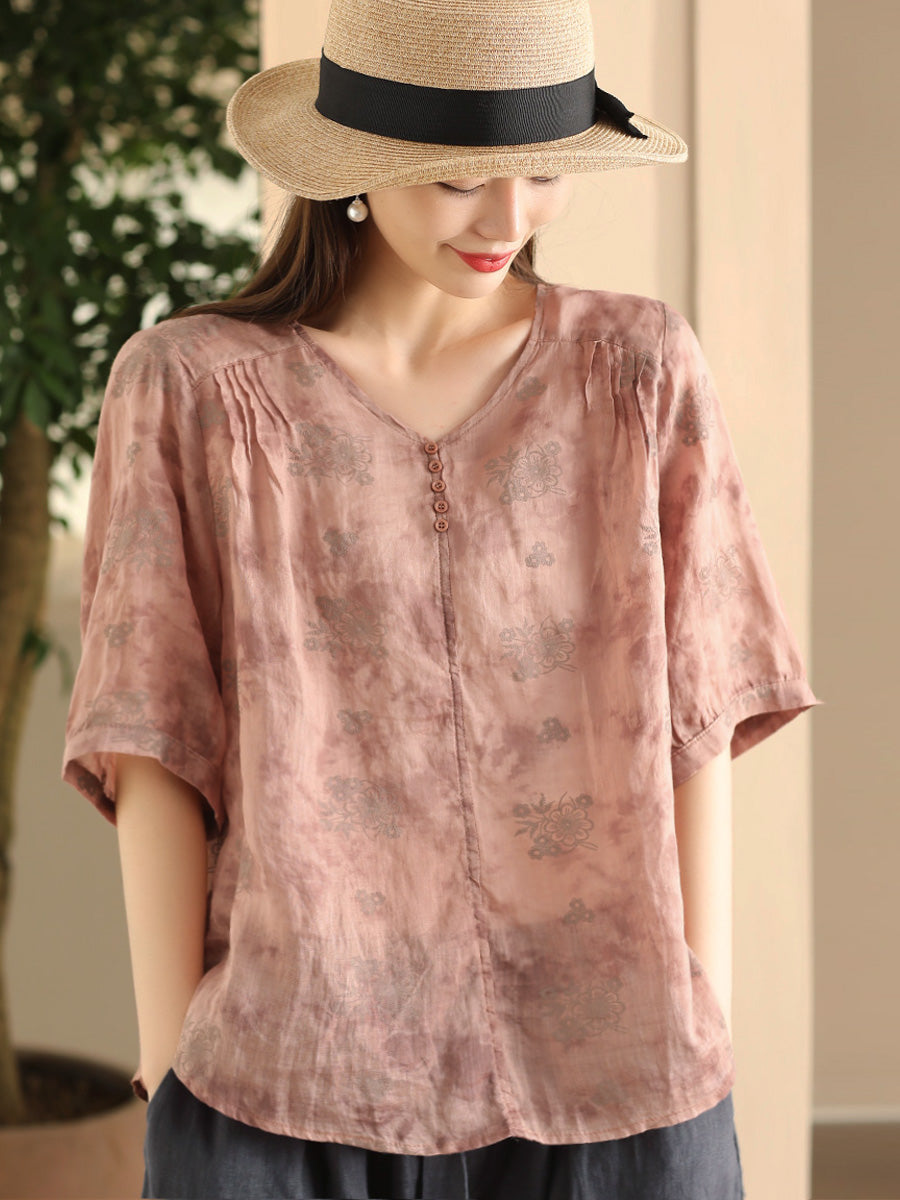 Women Summer Artsy Flower V-Neck Thin Ramie Shirt