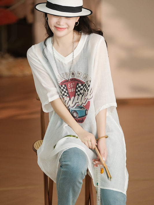 Women Summer Casual Print V-Neck Ramie Long Shirt