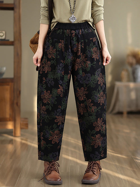 Women Autumn Vintage Flower Cotton Harem Pants