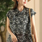 Women Summer Vintage Floral Stand Collar Ramie Shirt