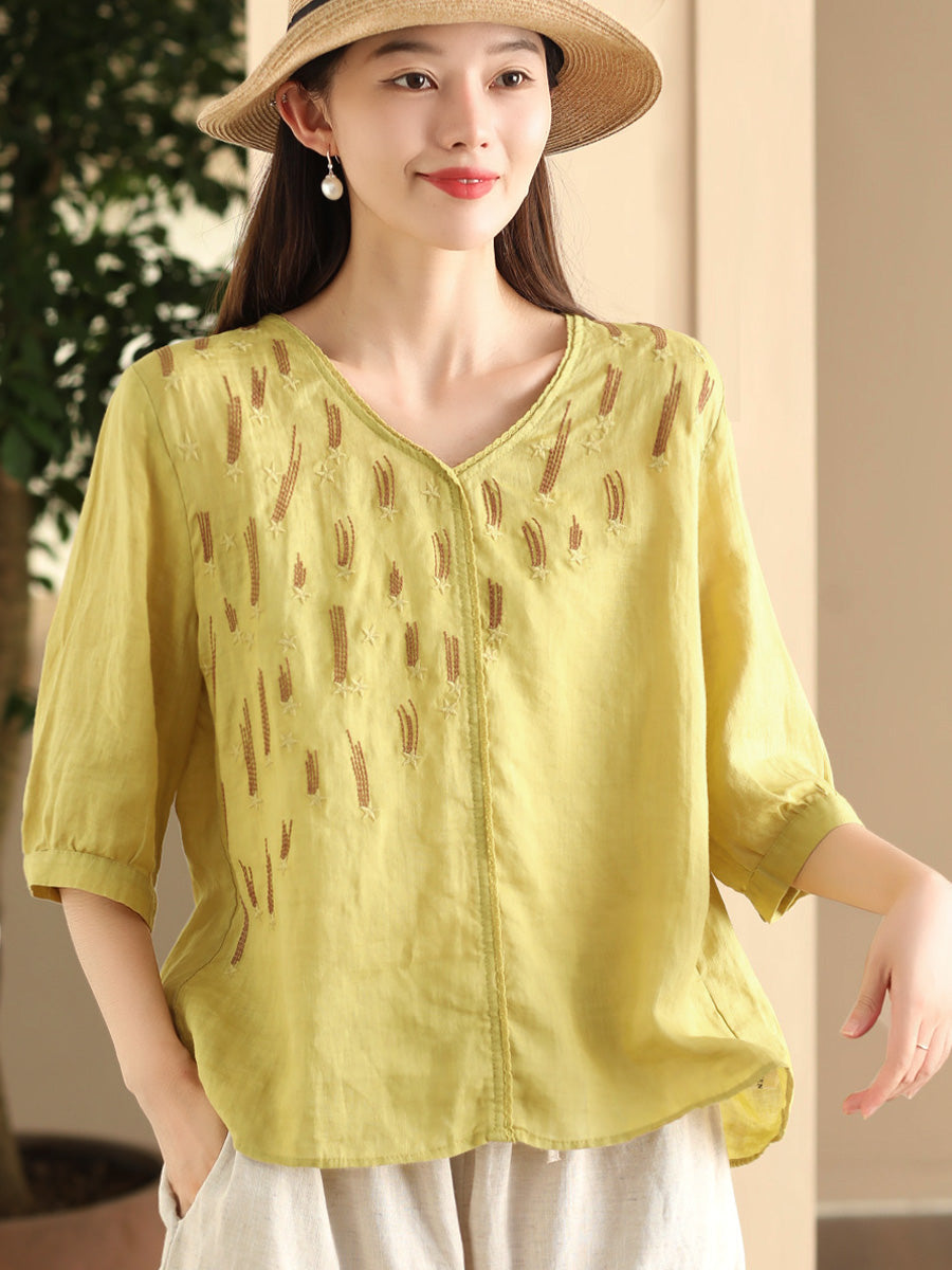 Women Summer Artsy Embroidery V-Neck Ramie Shirt