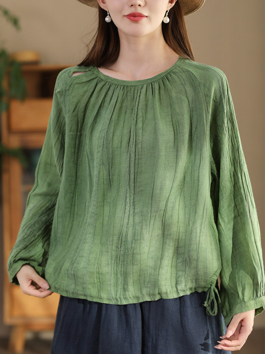 Women Summer Artsy Strap Hem O-Neck Ramie Blouse