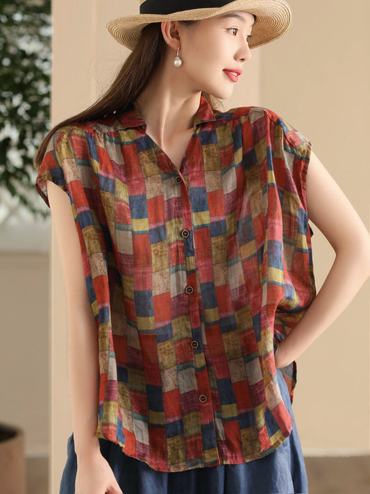 Women Summer Artsy Plaid Flower Button-up Ramie Shirt