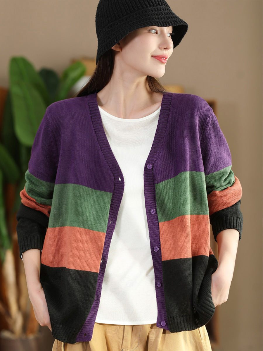 Women Autumn Colorblock V-Neck Knit Sweater