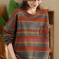 Women Casual Autumn Colorblock Stripe O-Neck Cotton Sweatshirt