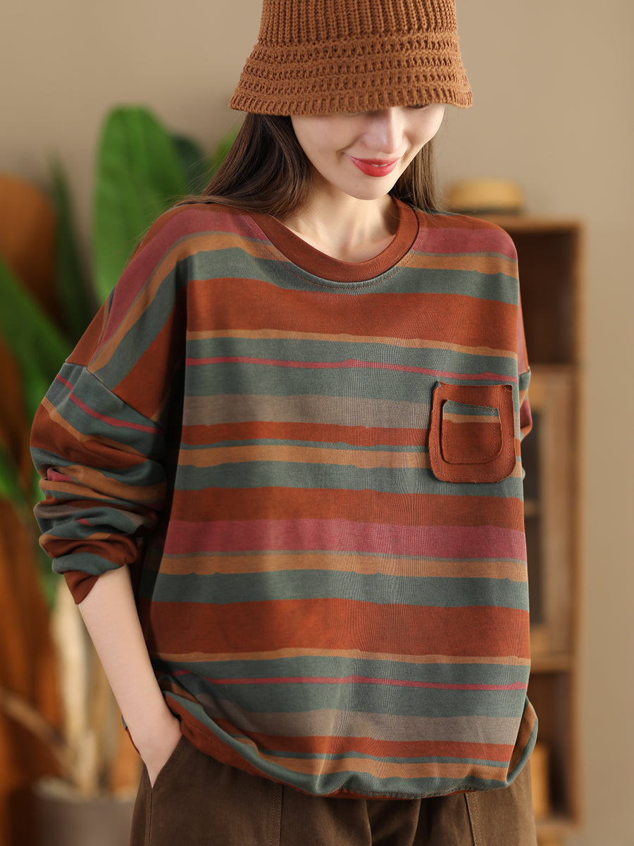 Women Casual Autumn Colorblock Stripe O-Neck Cotton Sweatshirt