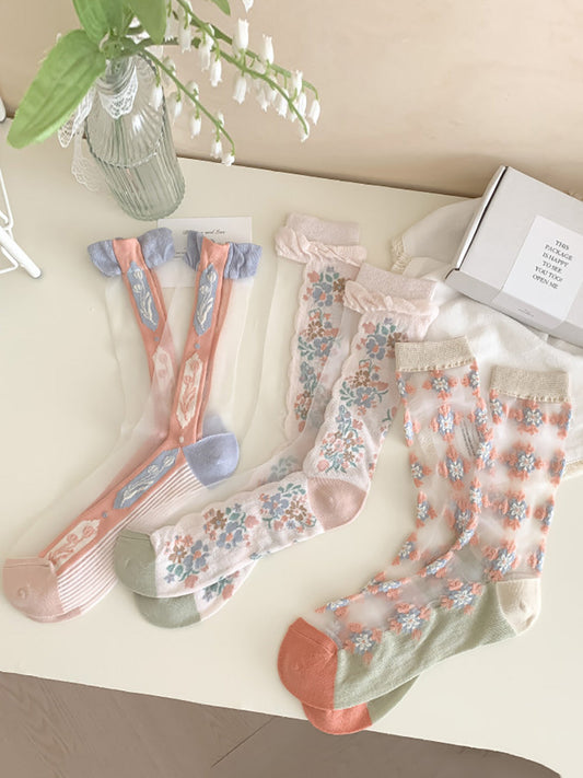 3 Pairs Women Artsy Flower Jacquard Long Socks