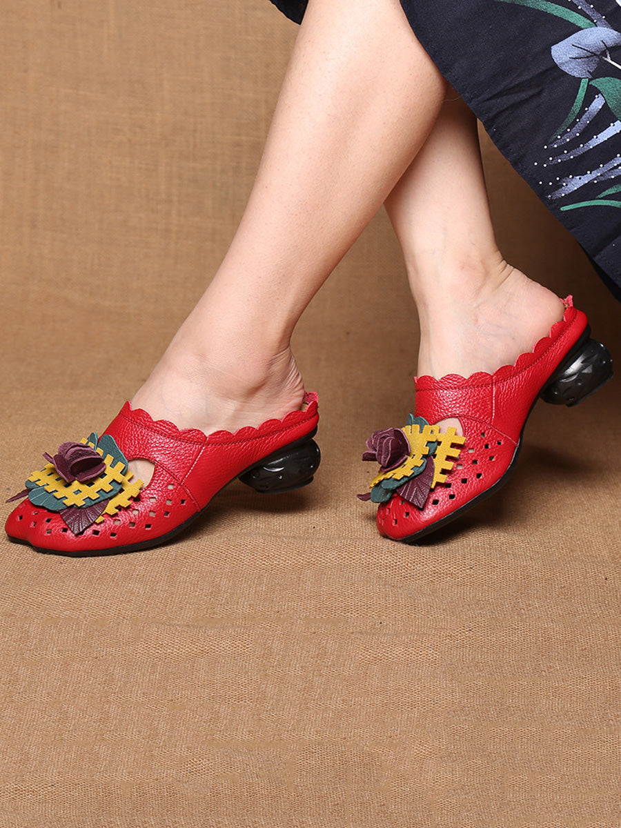 Women Summer Ethnic Leather Flower Spliced Low Heel Sandals