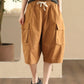 Women Summer Casual Solid Pocket Loose Cotton Fifth Pants