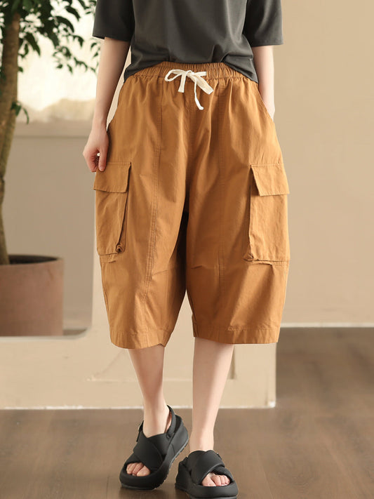 Women Summer Casual Solid Pocket Loose Cotton Fifth Pants