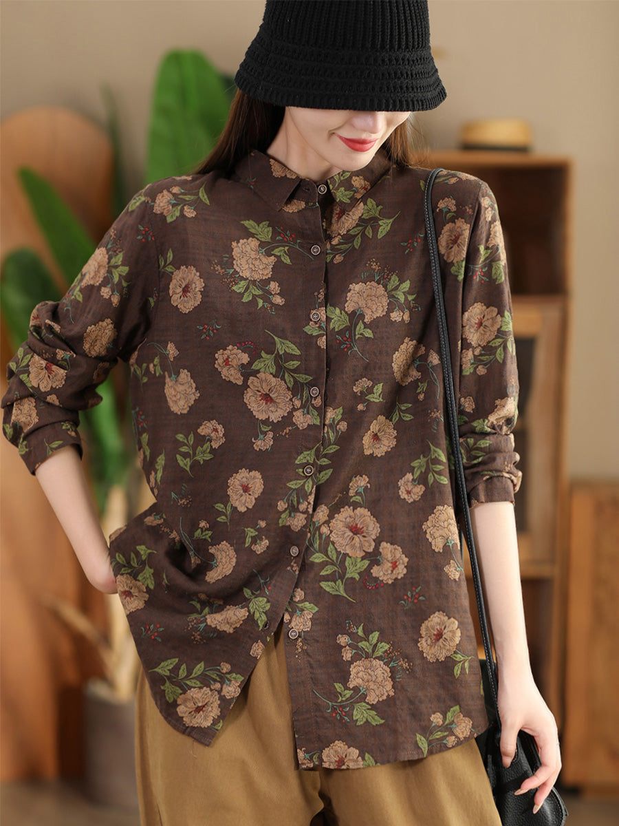 Women Autumn Vintage Flower Button-up Shirt