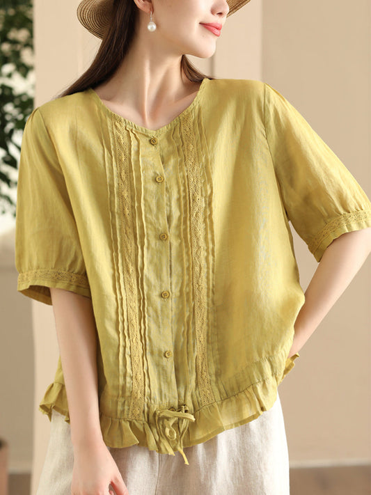 Women Summer Vintage Embroidery Button-up Strap Ramie Shirt