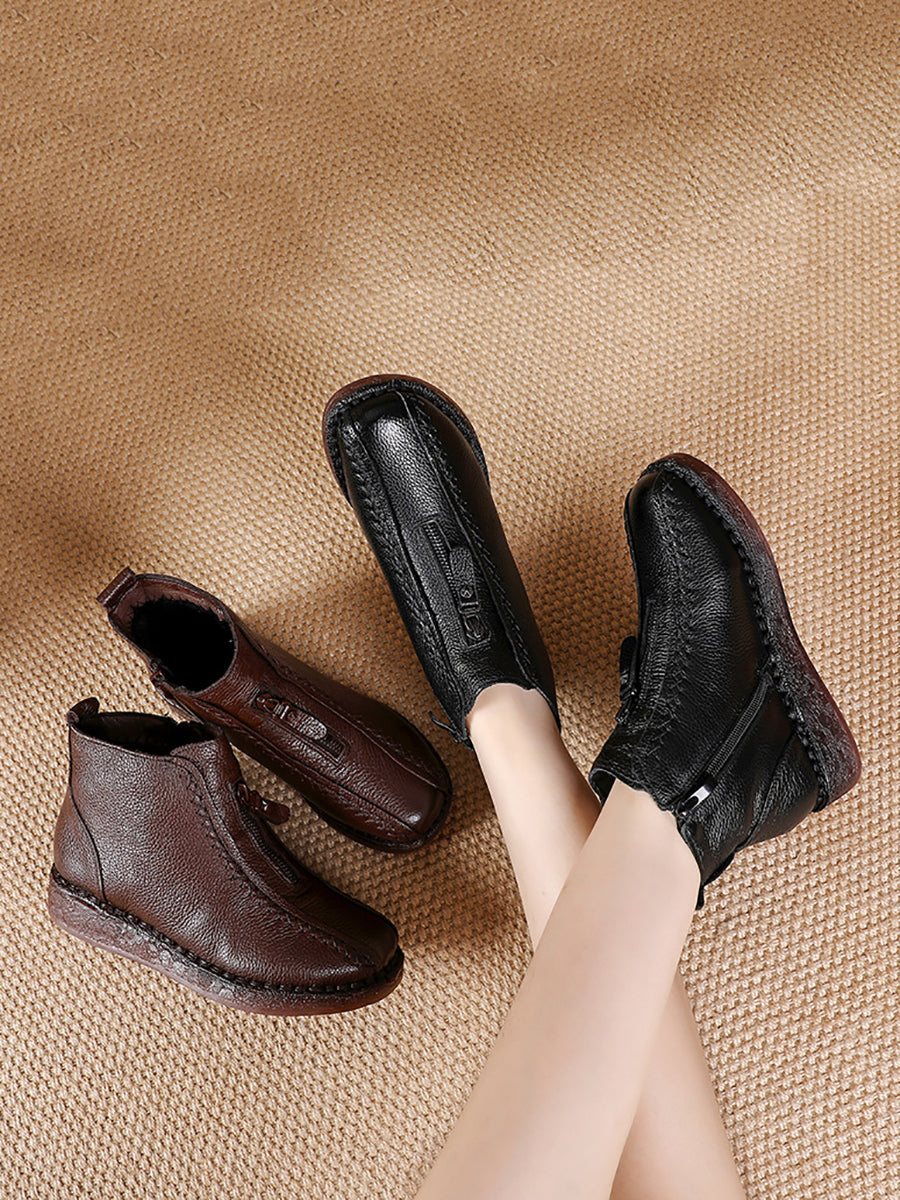 Women Winter Vintage Leather Fleece-lined Low Heel Boots