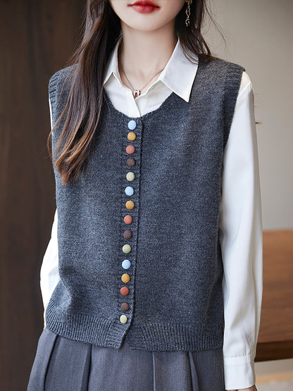 Women Casual Autumn Wool O-Neck Colorful Button Knit Vest