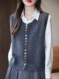 Women Casual Autumn Wool O-Neck Colorful Button Knit Vest