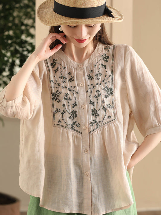 Women Summer Vintage Flower Embroidery Button-up Ramie Shirt