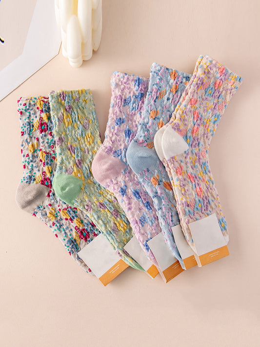 5 Pairs Women Artsy Floral Embossment Cotton Socks