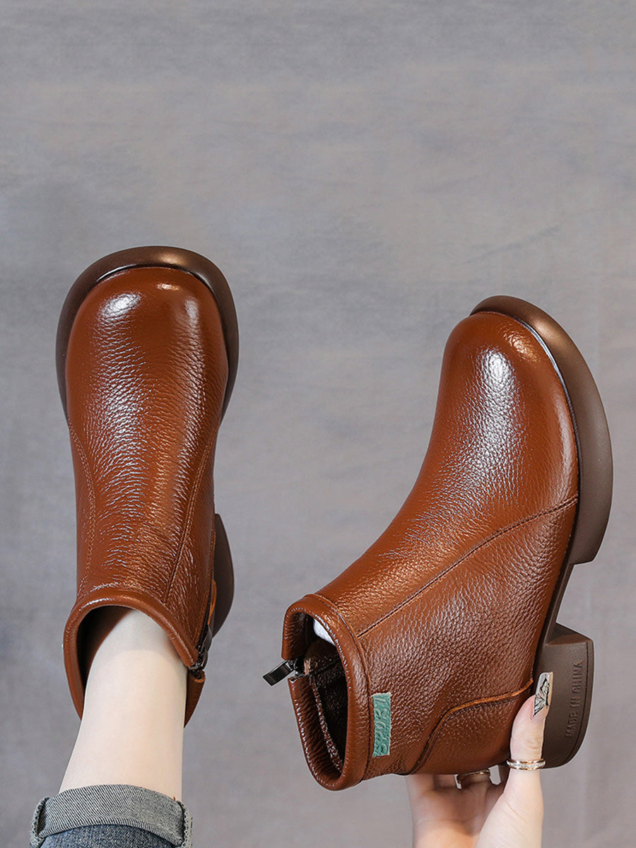 Women Vintage Commute Leather Zipper Mid-Heel Boots