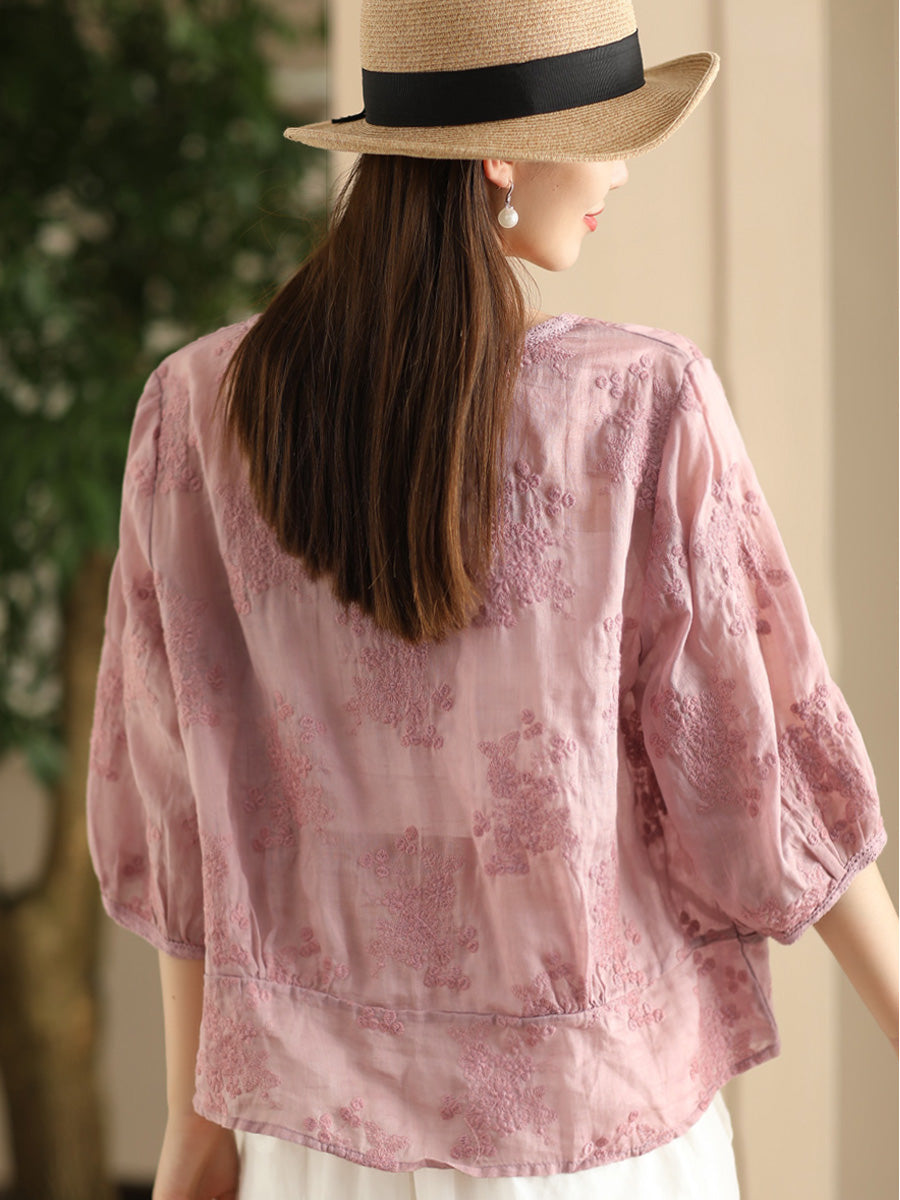 Women Artsy Floral Embroidery Spliced Ramie Shirt