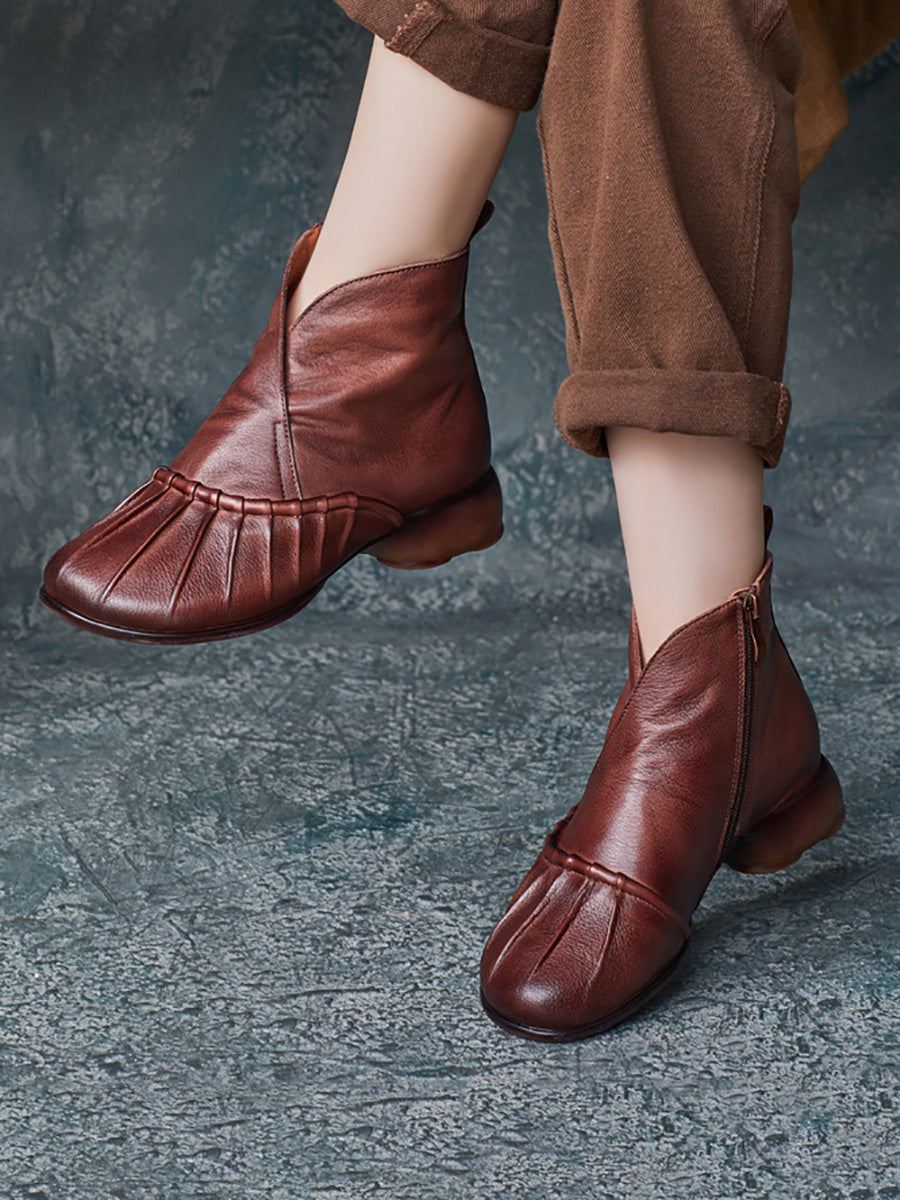 Women Vintage Autumn Shirred Low Heel Ankle Boots