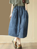 Women Casual Pocket Button Loose Sold Denim Skirt