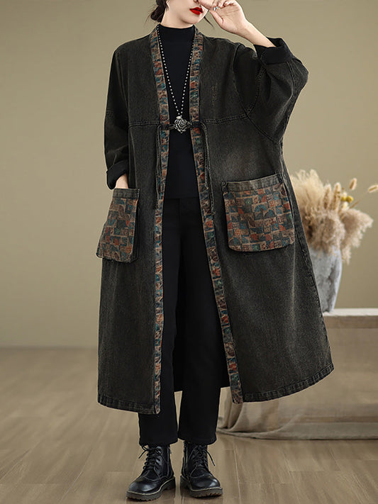 Women Autumn Worn Patch Colorblock Denim Coat