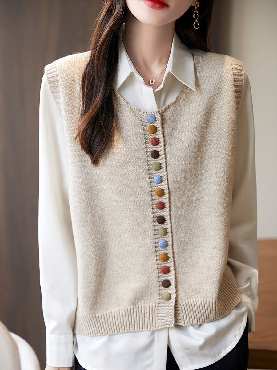 Women Casual Autumn Wool O-Neck Colorful Button Knit Vest