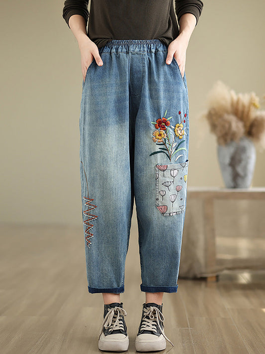 Women Autumn Artsy Flower Embroidery Denim Harem Pants