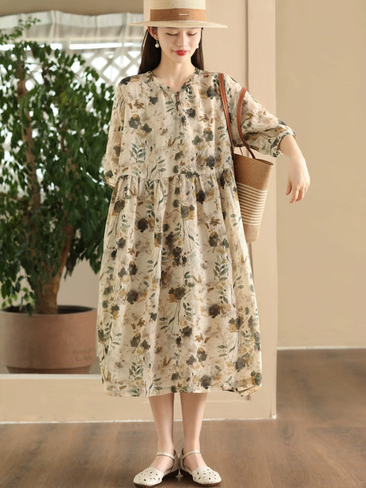 Women Summer Artsy Floral V-Neck Loose Ramie Dress