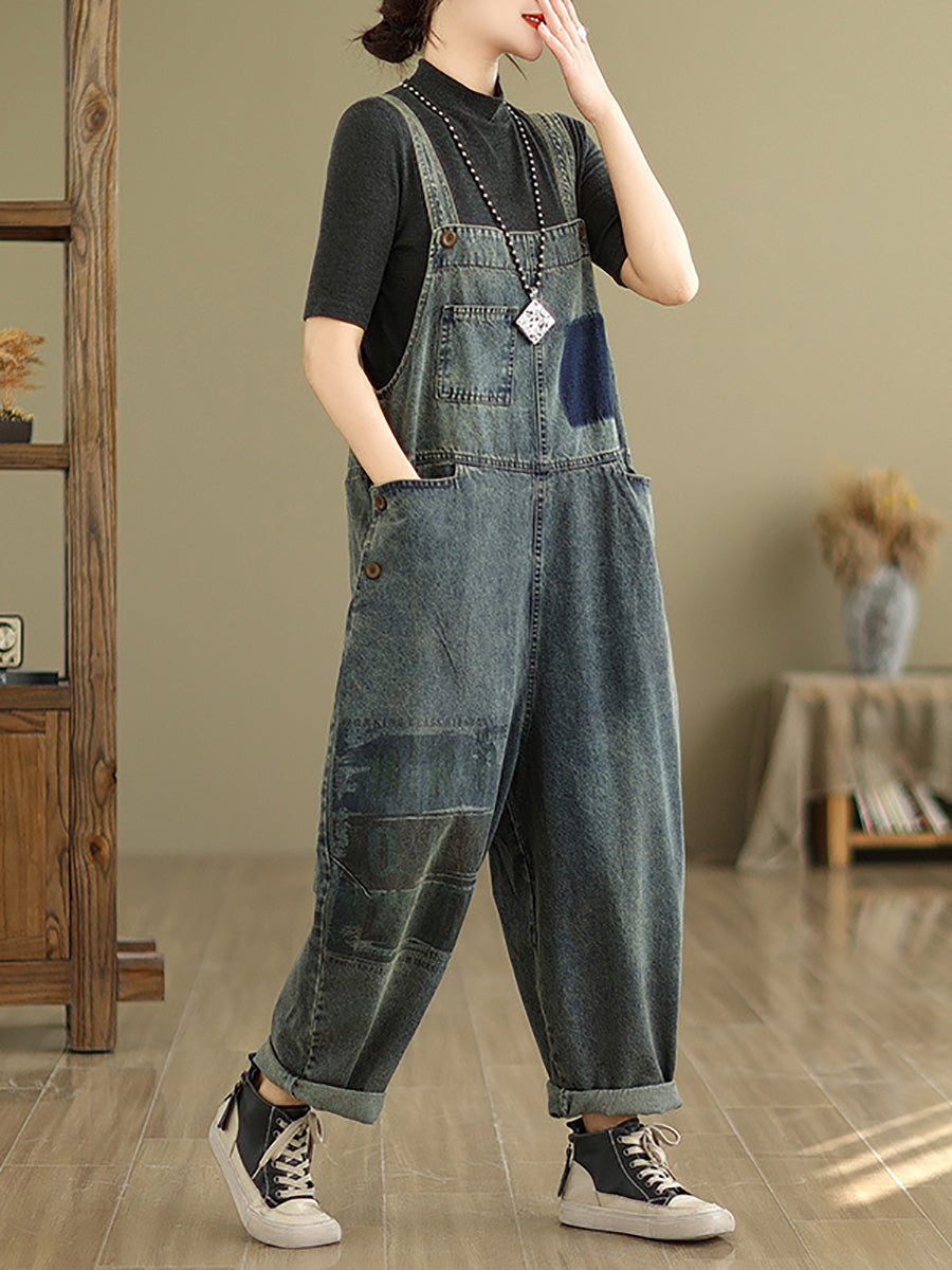 Women Retro Patchwork Loose Washed Denim Jumpsuits