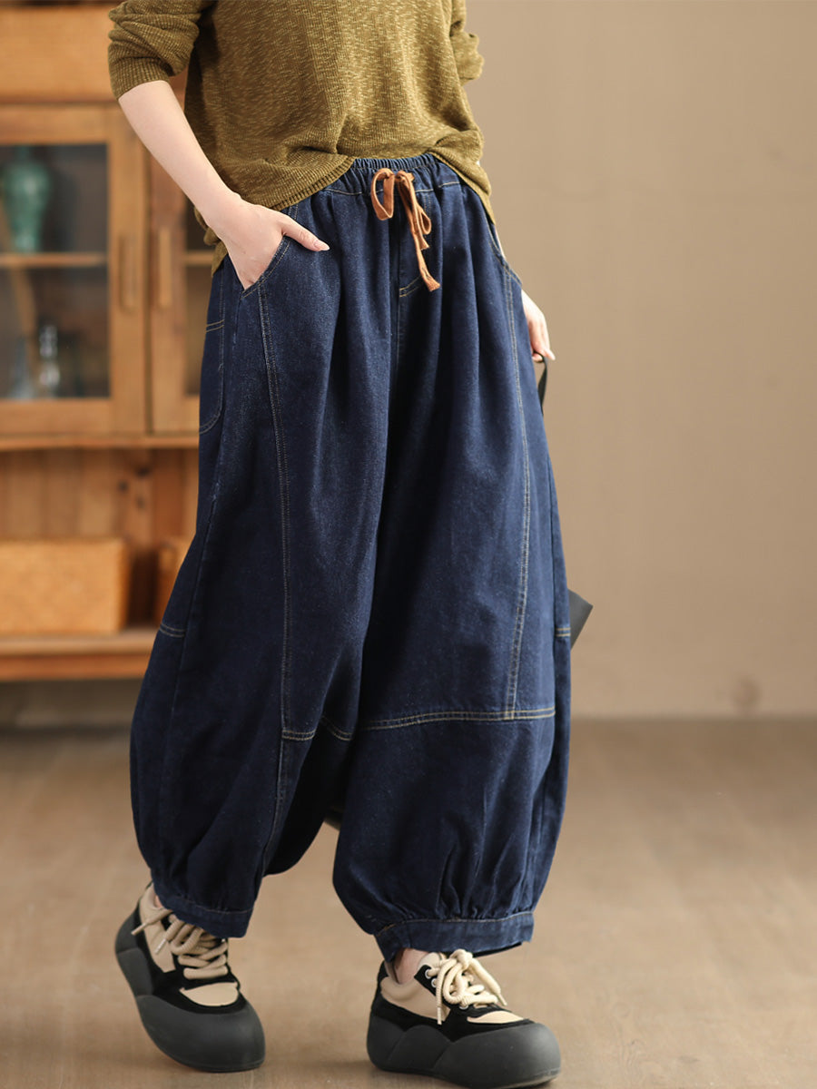 Women Autumn Retro Spliced Solid Loose Denim Bloomers