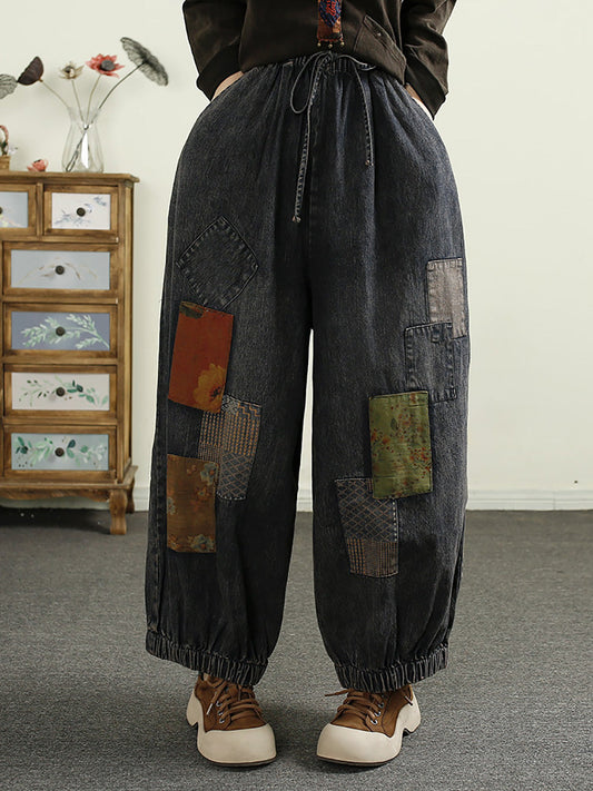 Women Autumn Patch Spliced Denim Harem Pants