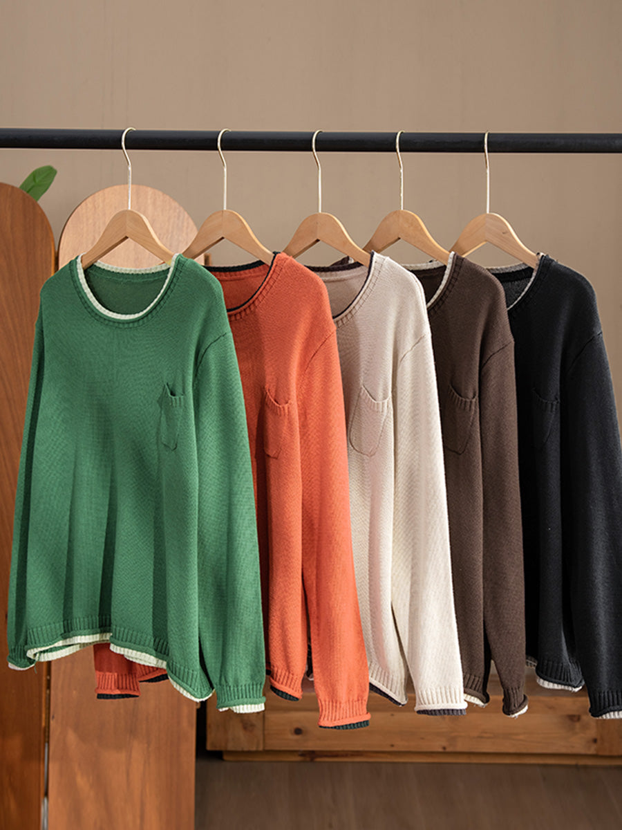 Women Autumn Casual Colorblock O-Neck Cotton Knit Blouse