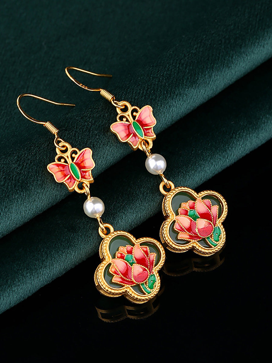 Women Vintage Enamel Flower Butterfly Pearl Earrings