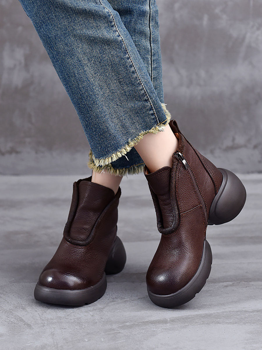 Women Winter Casual Solid Leather Zipper Platform Boots