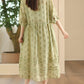 Women Summer Artsy Floral O-Neck Shirred Ramie Dress