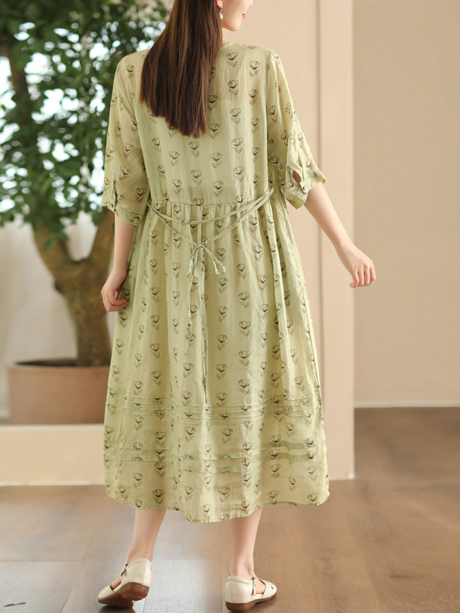 Women Summer Artsy Floral O-Neck Shirred Ramie Dress