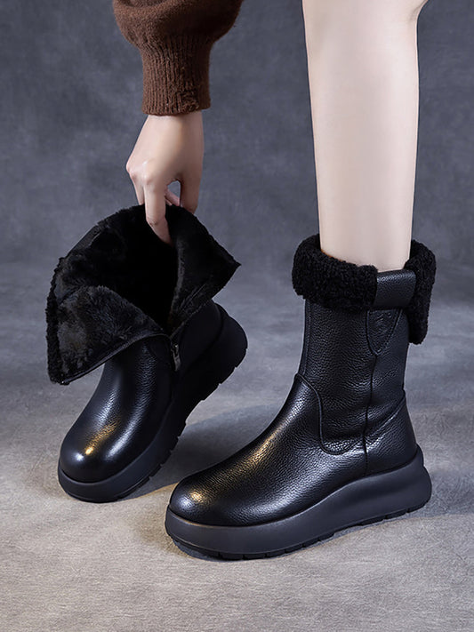 Women Vintage Leather Fleece-lined Platform Boots